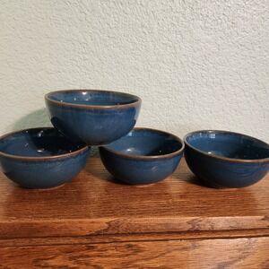 LE Taucoli Ceylon Blue With Brown Rim Stoneware 12 Oz Fruit Bowls Set Of 4